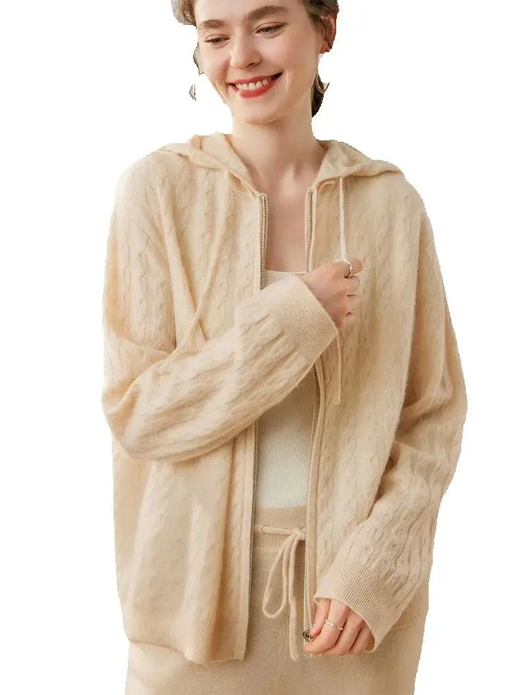 Chic Twisted Knit Sweater 100% Cashmere Cardigan Women's Autumn Winter Luxury Hooded Zipper Casual Loose Coat New Fashion Tops