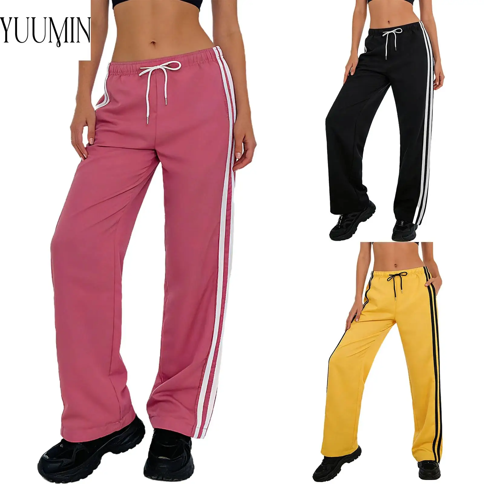 

Womens Quick-Drying Breathable Side Stripes Athletic Pants Stretchy Trousers with Pockets for Gym Yoga Sports Cycling Running