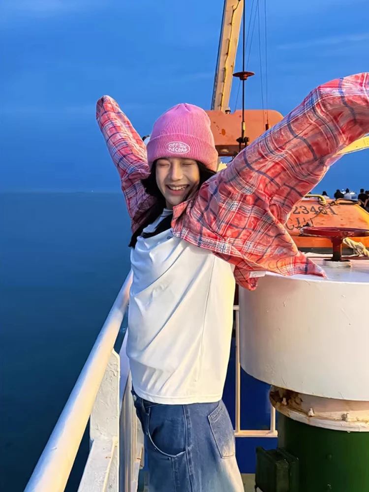 Kaos Oblong Motif Kotak-kotak Retro Amerika, Gaya Musim Gugur, Merek Trendi, Santai, Gaya Golf Awal, Pakaian Luar, Kaos Pasangan