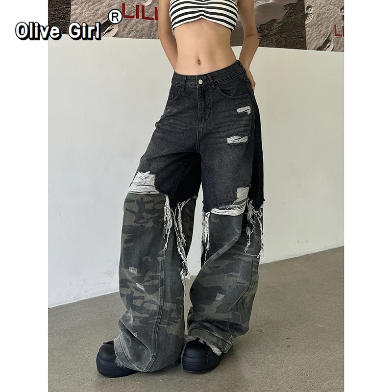 

Женские джинсы Olivegirl Y2K Baggy в стиле 2000-х годов, винтажные, рваные, повседневные, в стиле гранж, камуфляжные, ретро, с высокой талией