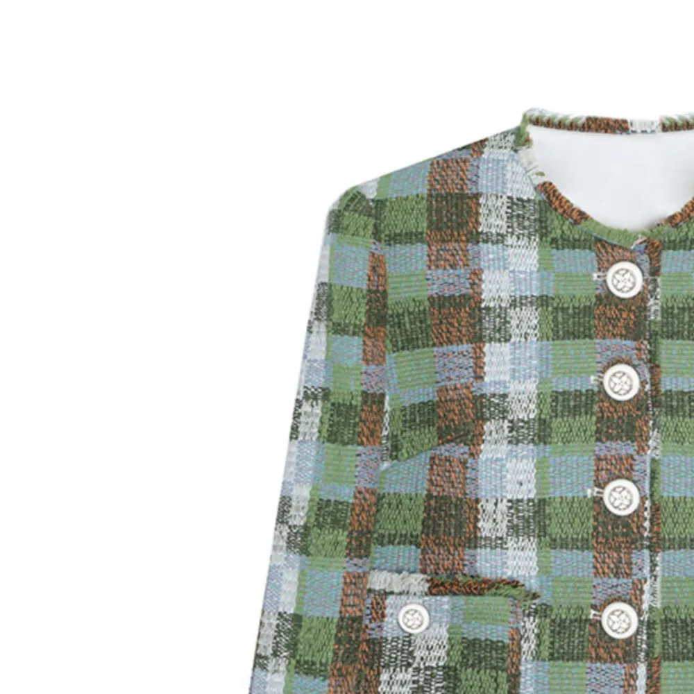 Green plaid tweed jacket Classic spring/fall braid top