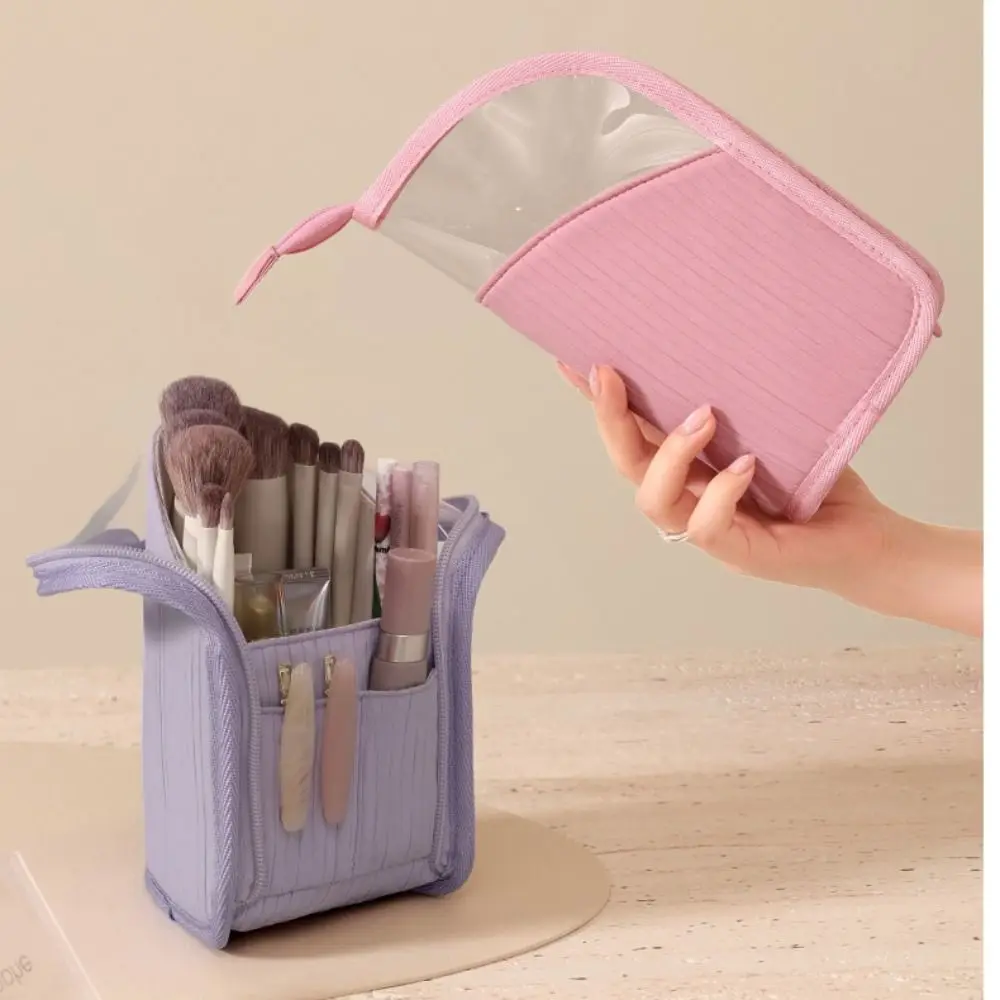 Multifunctional Makeup Bag Portable Standing Toiletry Organizer Zipper Closure Semi Transparent Makeup Brush Organizer