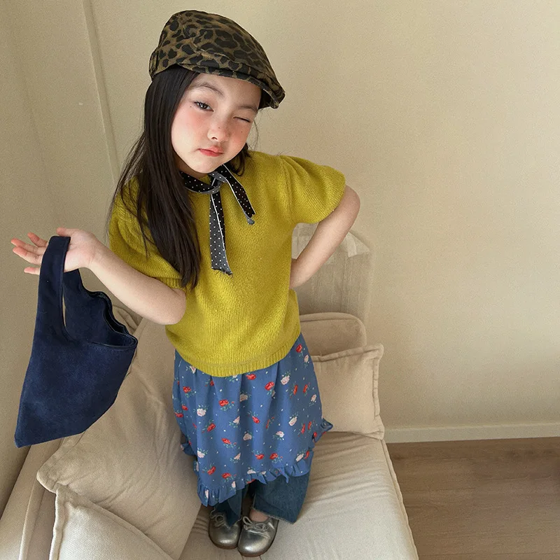 

Girls' 2026 Summer New Solid Color Round Neck Short-sleeved Top Flower Fart Curtain Jeans Three-piece Set