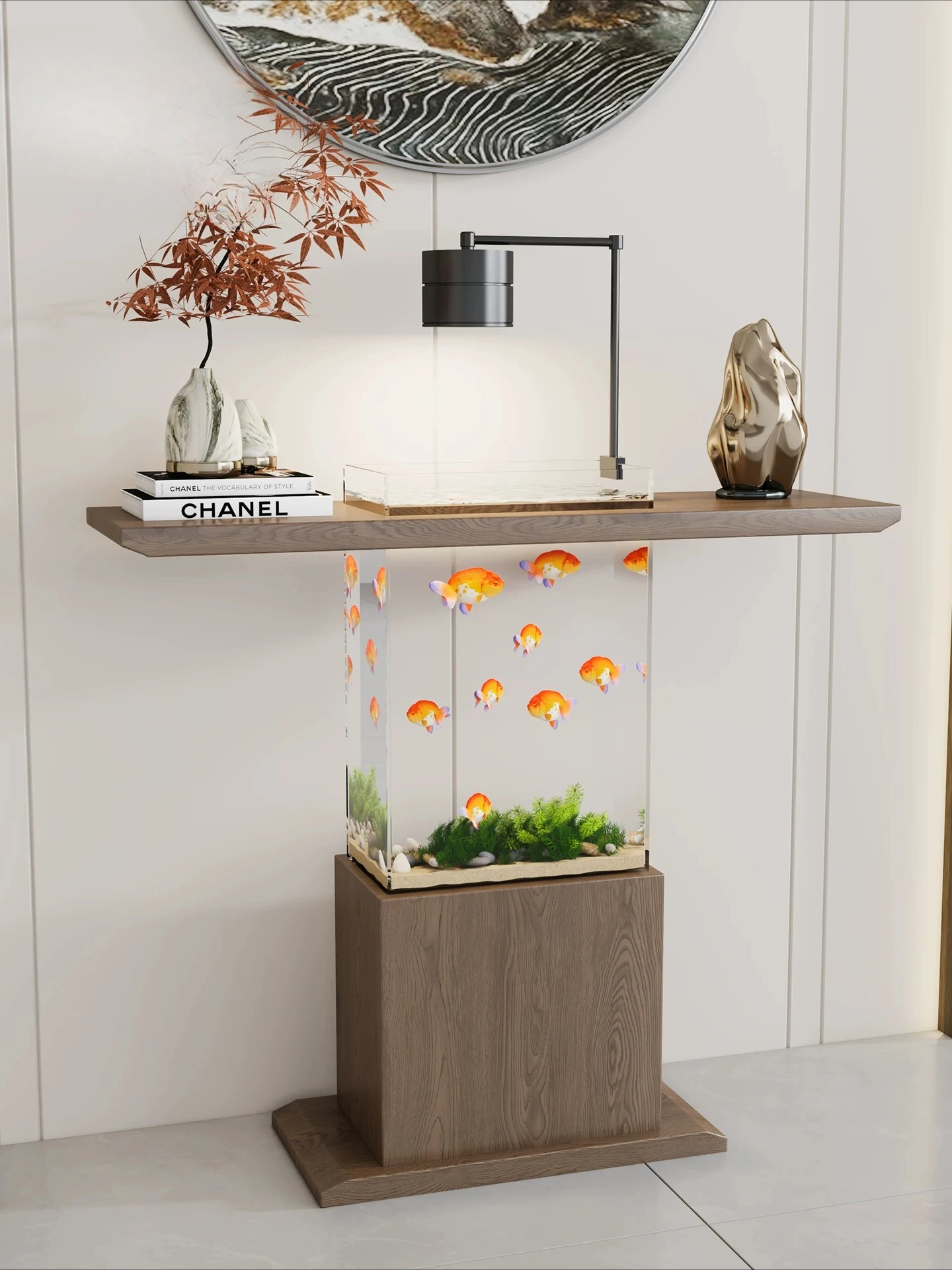 Song Dynasty aesthetic entrance cabinet creative transparent solid wood entrance table high-end entrance platform fish tank land
