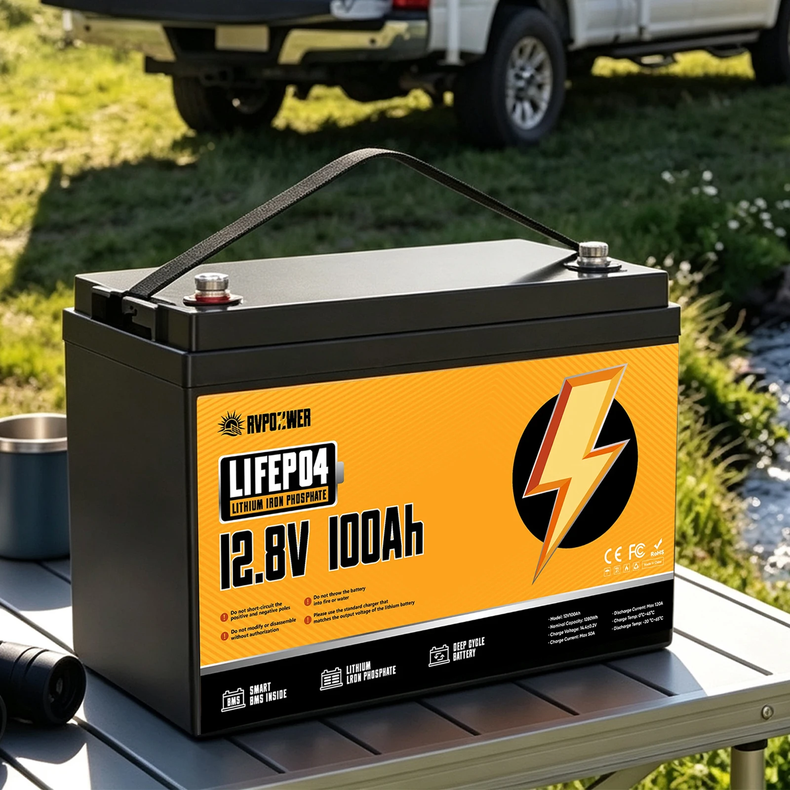 Batterie au lithium RVPOZWER 12V 100Ah, capacité nominale LiFePO4 1280Wh, batterie 100A BMS, solaire, portable, rechargeable, 15000 cycles, pour applications de camping-car, marine, caravane, hors réseau
