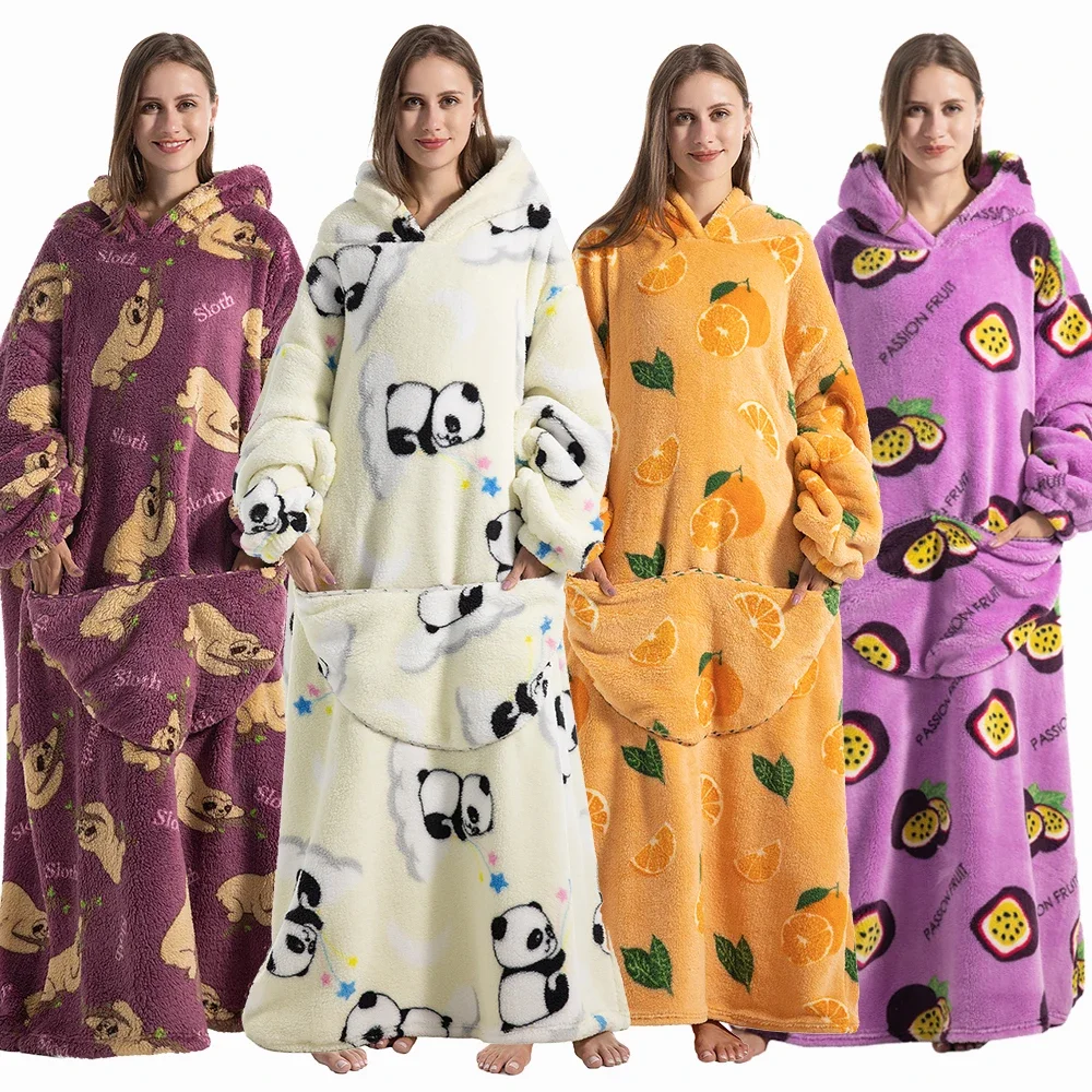 

Super Long Cold-proof Homewear Pajamas Women Plush Fleece Blanket Men Warm Thick Hoodies Adult Giant TV Blanlets with Sleeves