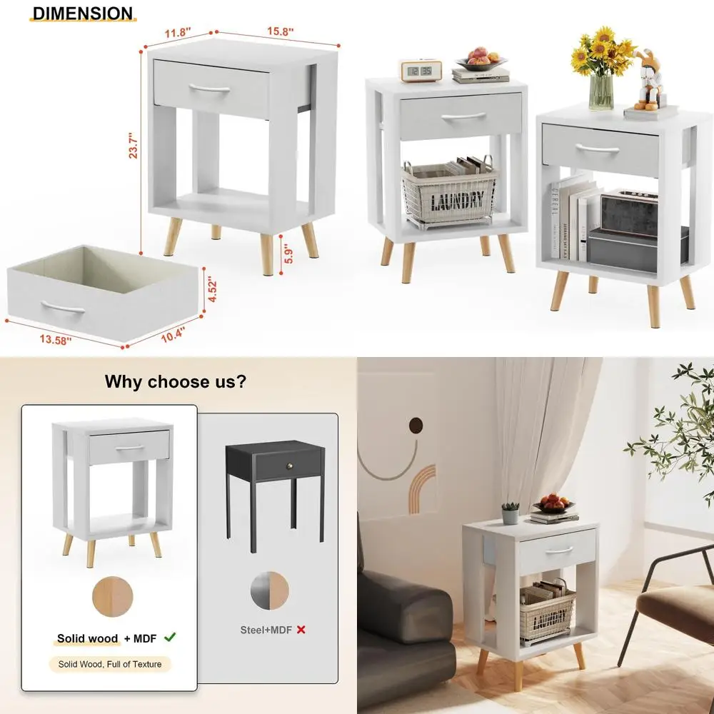 

White 24 High Nightstands Set of 2 - Fabric Storage Drawer and Open Wood Shelf, Bedroom Side Table with Storage