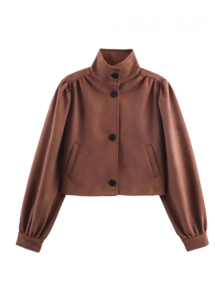 

HH женская модная винтажная замшевая плиссированная дизайнерская куртка женская водолазка однобортный карман повседневное короткое пальто с длинными рукавами