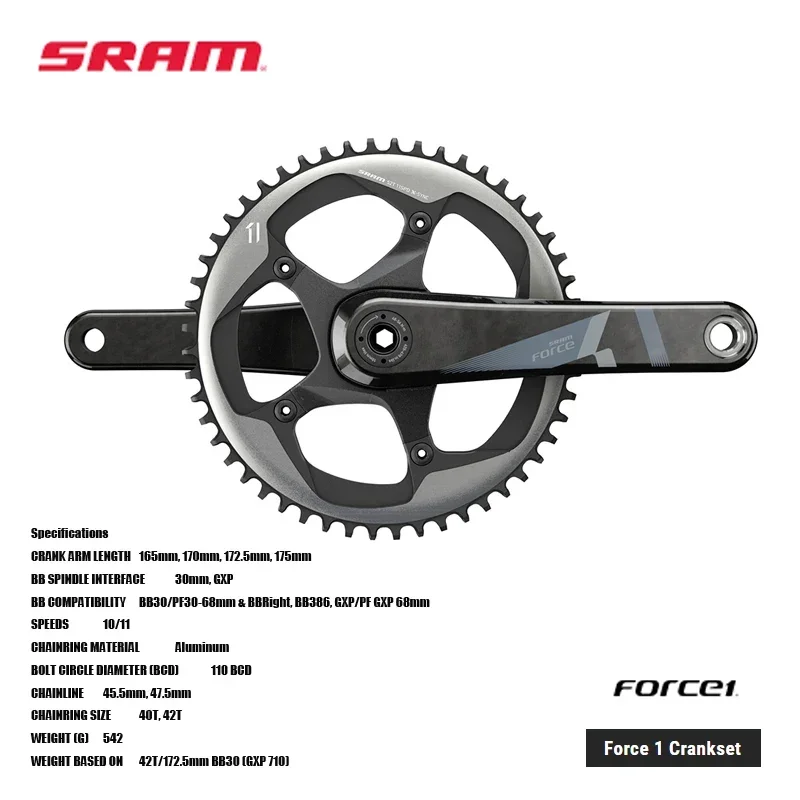 SRAM Force 1 Crankset Lightweight carbon arms with detachable spider component of the SRAM 1x™ drivetrain