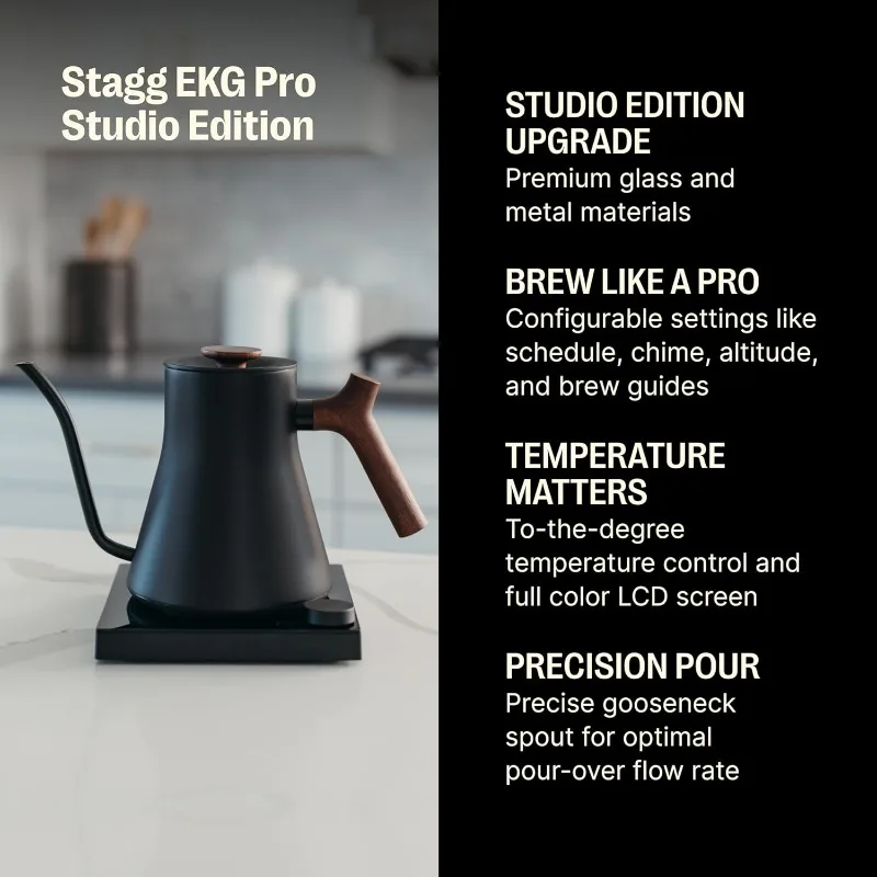 Fellow Stagg EKG Pro Studio Electric Gooseneck Kettle - Pour-Over Coffee and Tea Pot, Stainless Steel, Quick Heating