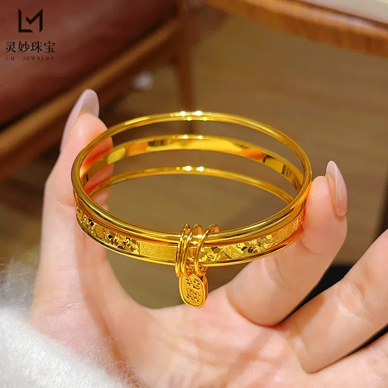 

Bright Broken Ice Lucky Motto Three-Ring Bangle For Women 24K Gold AU999, Three rings symbolize full fortune and blessing