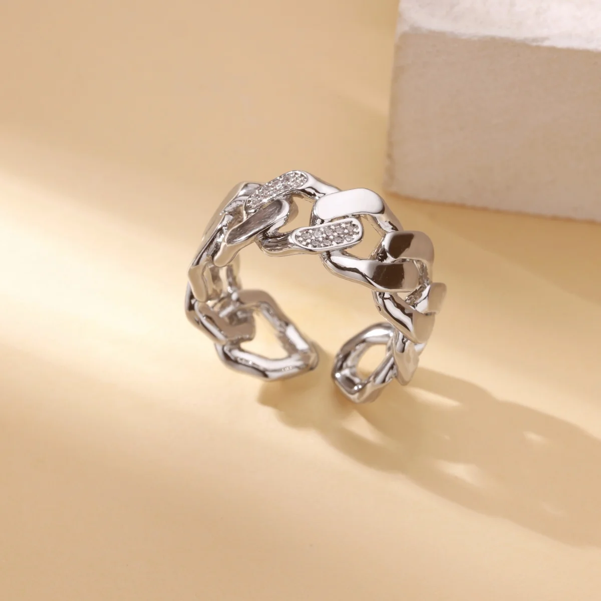 Stainless Steel Grinding Chain Open Rings For Women Gold Color Cuban Link Chain Ring Wedding Punk Hip Hop Jewelry Gifts