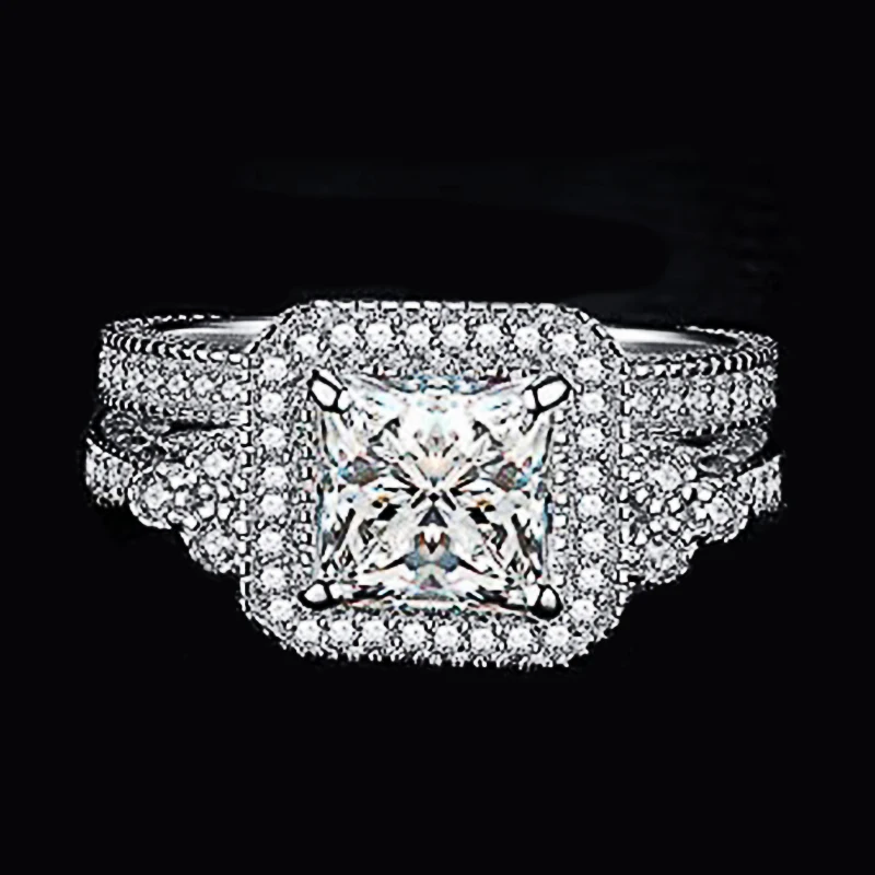 Huitan 2Pcs Set Zirkonia Hochzeit Ringe für Frauen Luxus Prinzessin CZ Silber Farbe Engagement Band Party Mode Schmuck