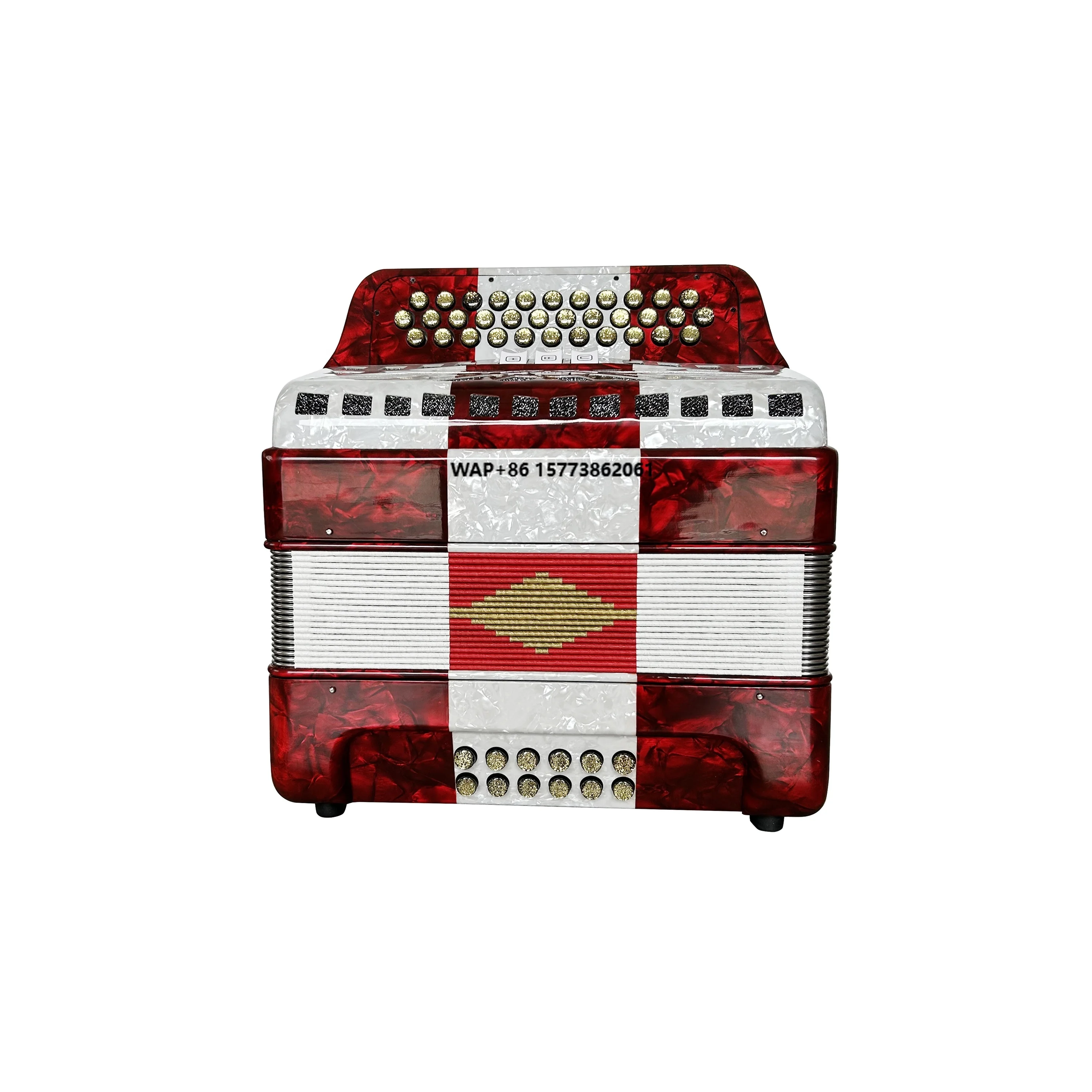 

Диатонический аккордеон Acordeon Musical JB3412C, 34 кнопки, 12 басов, 3 регистры, красный, белый, целлулоид с золотыми кнопками гриля