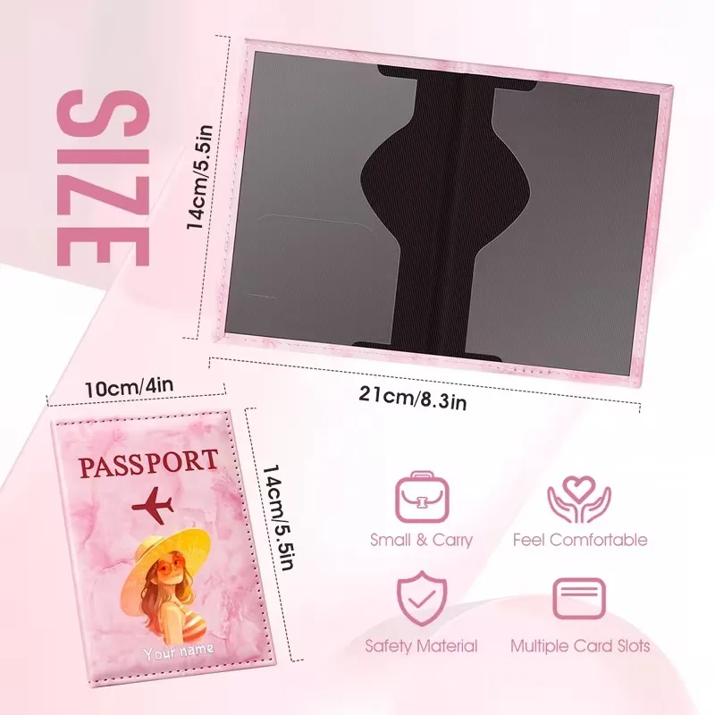Custom Name Beach-Themed Illustration Design PU Passport Holder, Featuring a Woman in a Straw Hat with Summer Elements