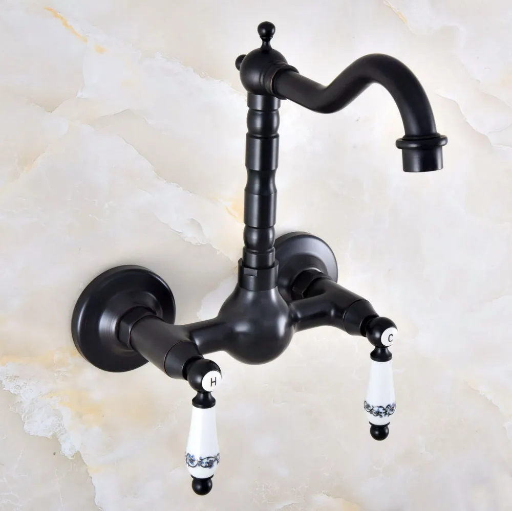 

Dual Handle Duals Hole Wall Mount Basin Faucet Oil Rubbed Bronze Bathroom Vanity Faucets Kitchen Sink Cold Hot Water Taps Dnf866