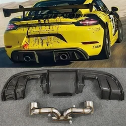 For Real Carbon Fiber Rear Bumper Lip Diffuser Porsche 718 Cayman Boxster Accessories Splitter Exhaust GT4 Body Kit 2016-2022