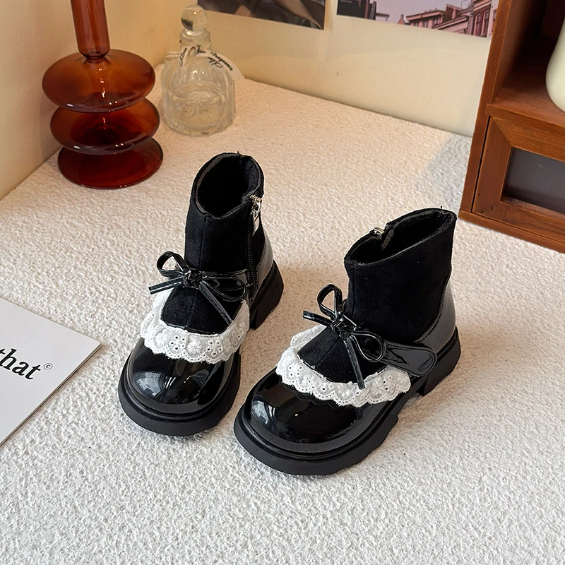 أزياء الأطفال السببية حذاء من الجلد جديد النبيذ الأحمر Bowknot الاطفال حفل زفاف الأميرة أحذية الفتيات منصة أحذية بوت قصيرة هوك حلقة
