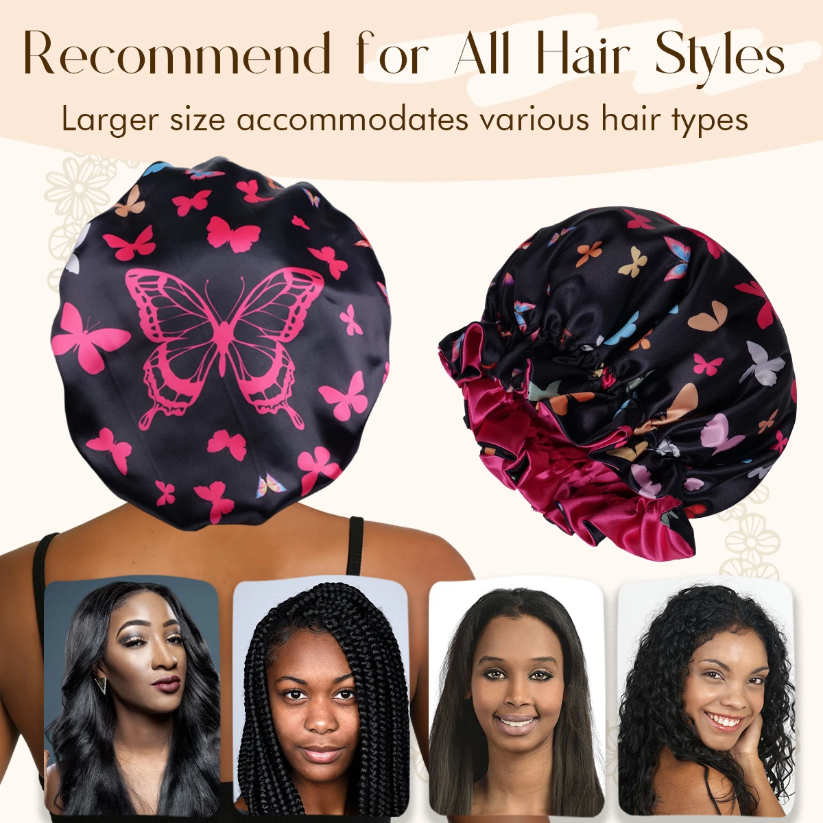Women's Adjustable Satin Butterfly Sleep Cap with Lace Trim Double Layer Hair Protection Head Cover for Sleep And Makeup Accesso