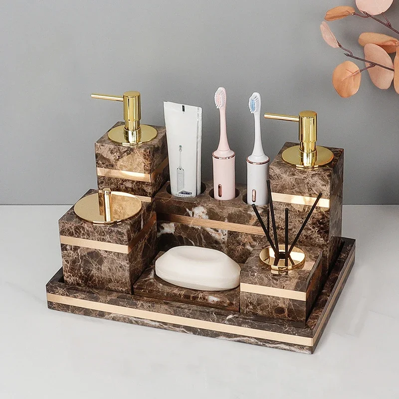 Wholesale Customized Emperador Dark Natural Marble Stone Toothbrush Holder Tooth Mug Soap Dispenser Bathroom Accessories Sets