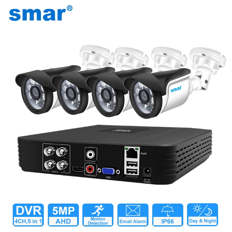 Smar 5 in 1 AHD Camera Kit 5MP 1080P  Video Recorder Surveillance System Outdoor Security 4CH CCTV System Camera Email Alarm