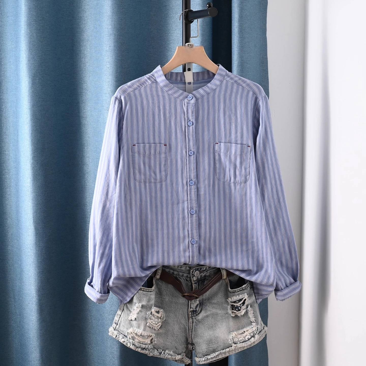 

Enianechu шикарная женская блузка из 100% хлопчатобумажной пряжи с воротником-стойкой, синие, черные полосатые рубашки и блузки, короткие женские топы с длинными рукавами