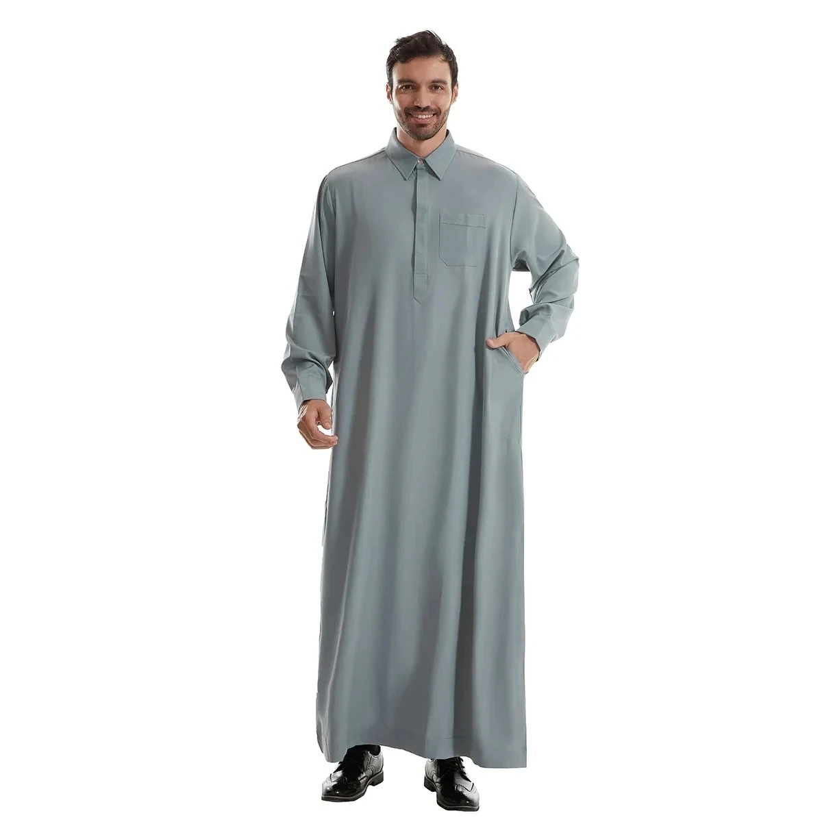

Eid Muslim Ramadan Lapel Collar Button Shirts Robe Men Jubba Thobe Solid Long Shirt Dress Saudi Muslim Abaya Caftan Dubai Arab