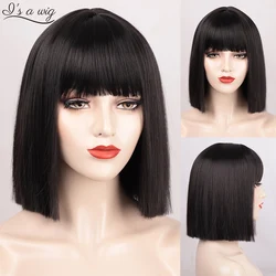 I's a wig Synthetic Wigs Short Straight Black Wig with Bangs Bob Wigs for Women Pink Red Purple Brown Cosplay Hair for Daily Use