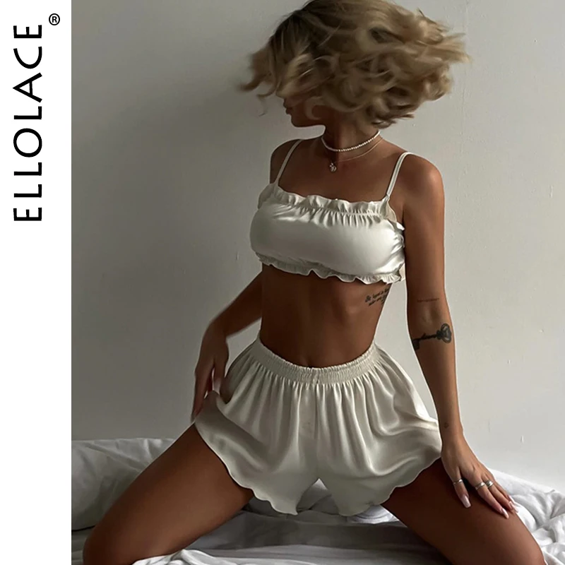 

Ellolace Elegant Women's Pajamas Luring Silk-like Stringy Edge 2PC Set Cozy Tie Bra Sleepwear Pure Desire Sexy Female Lingerie