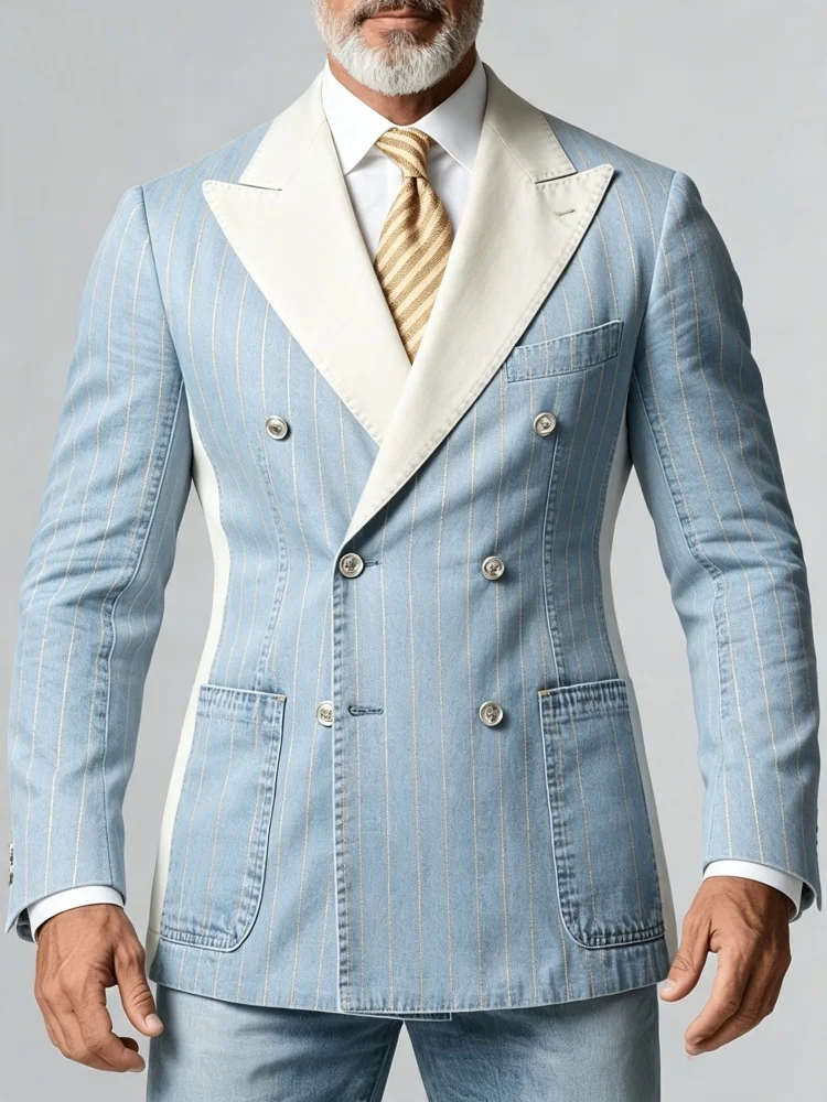 Mens Slim Fit Striped Contrast Lapel Faux Denim Double Breasted Blazer Vintage Daily Business Casual Jacket