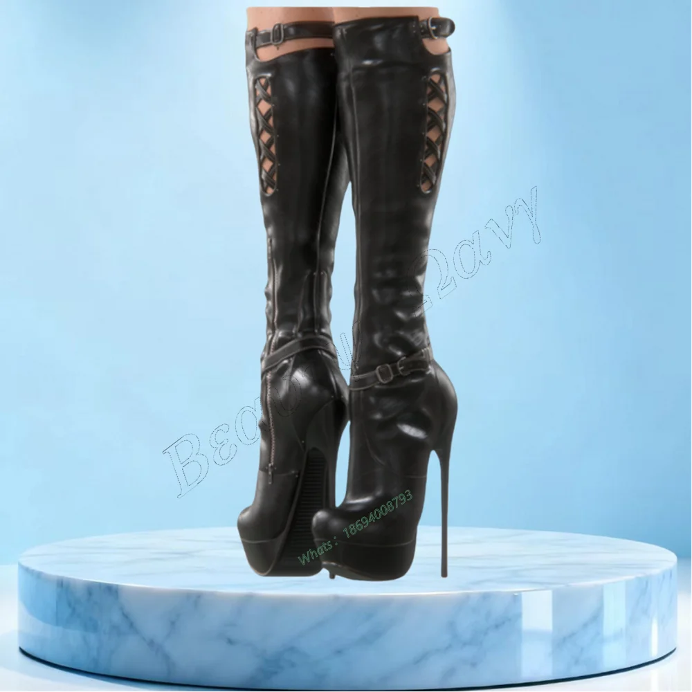 

Black Hollow Belt Boots Platform Stretchy Thin High Spike High Heel Shoes Solid Sexy Women Shoes New Zapatos Para Mujere