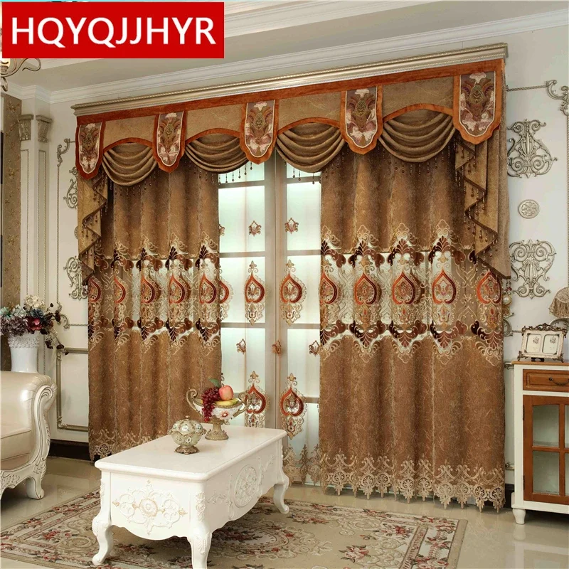 

Brown luxury European custom embroidery finished curtains for Living Room with high-grade Voile Curtain for bedroom/kitchen