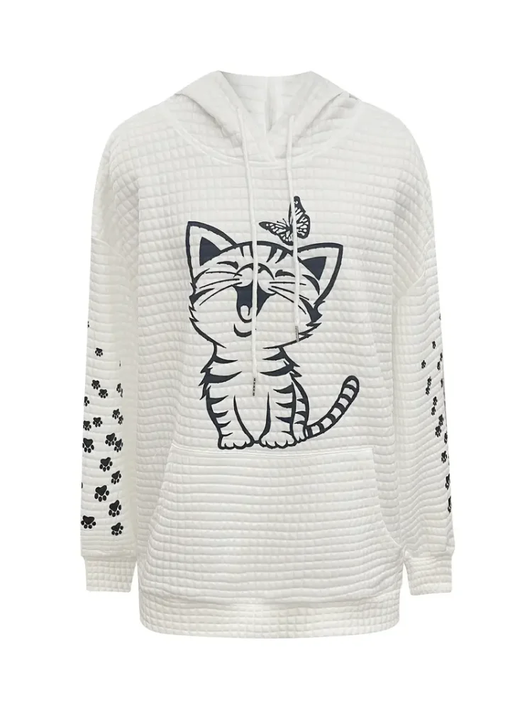 Plus Size Casual Sweatshirt  Women\'s Plus Cat & Butterfly Print Waffle Pattern Long Sleeve Drawstring Hoodie With Pockets