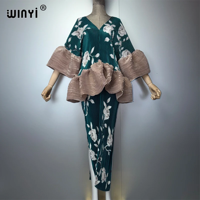 WINYI Slim Fit Pleated Dress for Women Elastic Retro Beach Cover up Muslim Kaftan Abaya Dubai Style Luxury Long Evening Gown