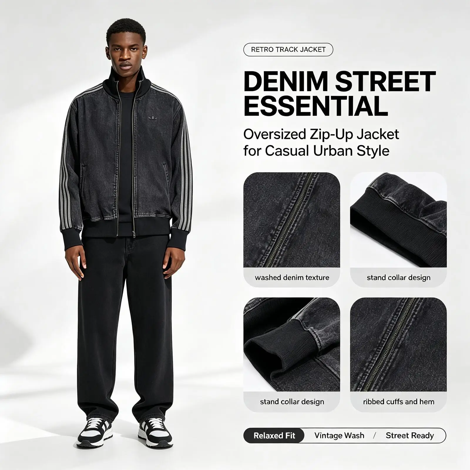 New Adidas Genuine Black Washed Denim Track Jacket Men Oversized Zip-Up Stand Collar Streetwear Jacket Vintage Casual Outerwear