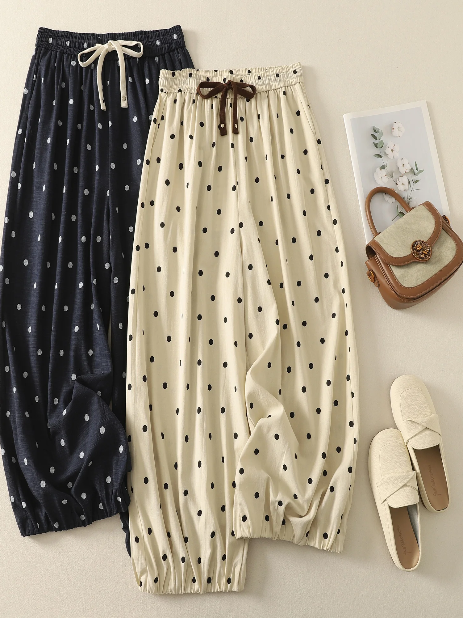 

Льняные повседневные брюки в горошек с высокой талией, большие размеры, широкие брюки-фонарики, утягивающие девять очков, винтажные свободные брюки