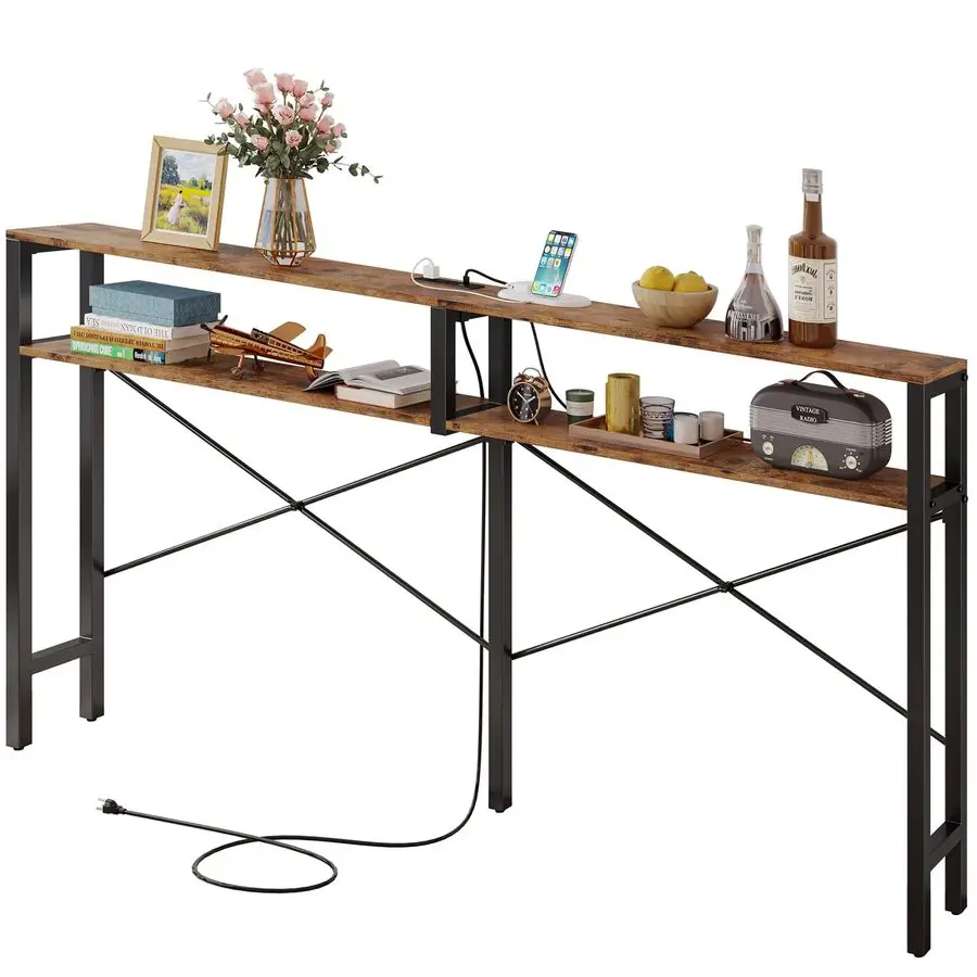 

Console Table with Power Outlet, Long Sofa Table with Shelves and XShaped Design, Narrow Sofa Entryway Behind Couch Table for Li