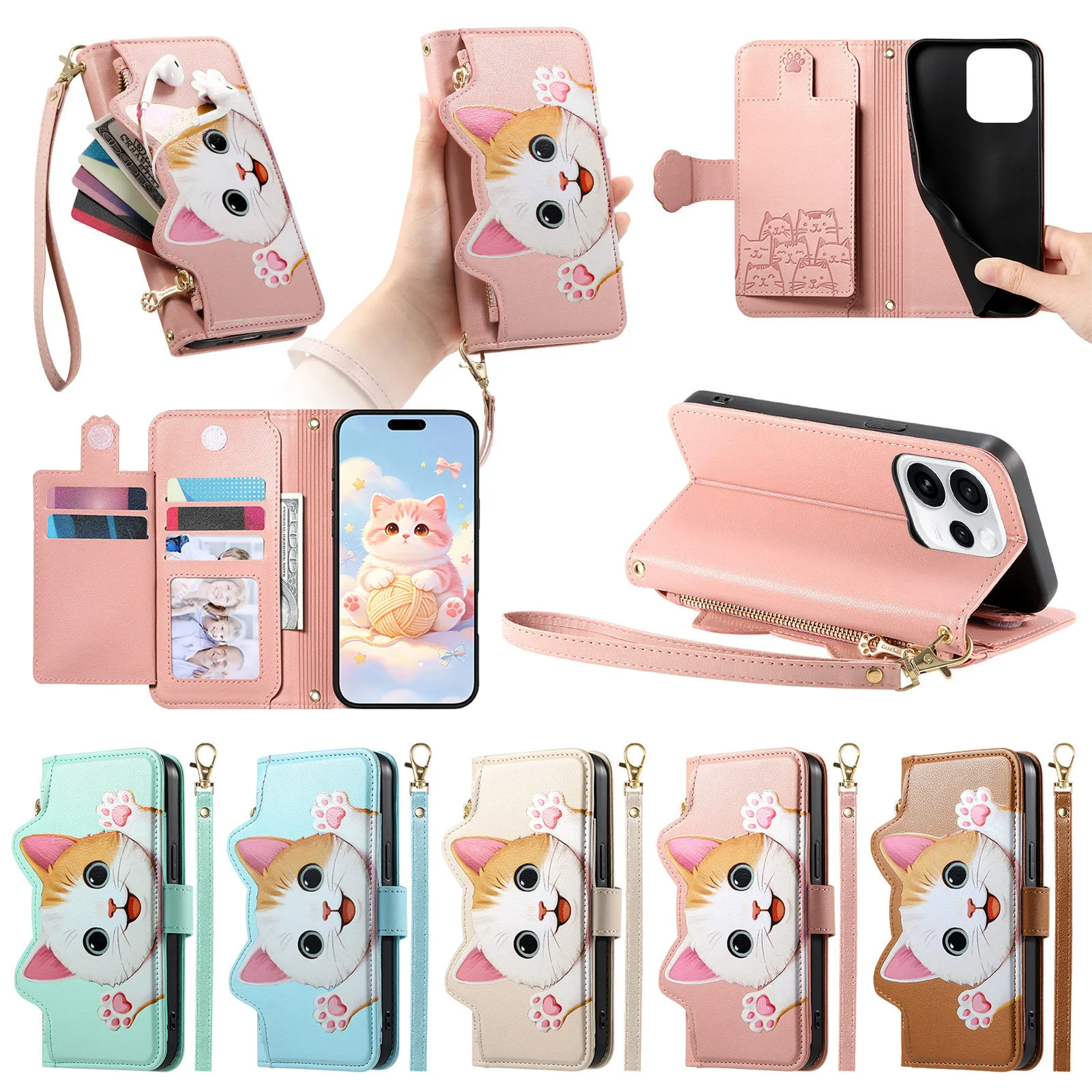 Multi 5 Cards Crossbody Wallet Case For Honor 600 Smart 500 Pro 400 Lite 200 Cute Cartoon Cat Lanyard Leather Flip Cover