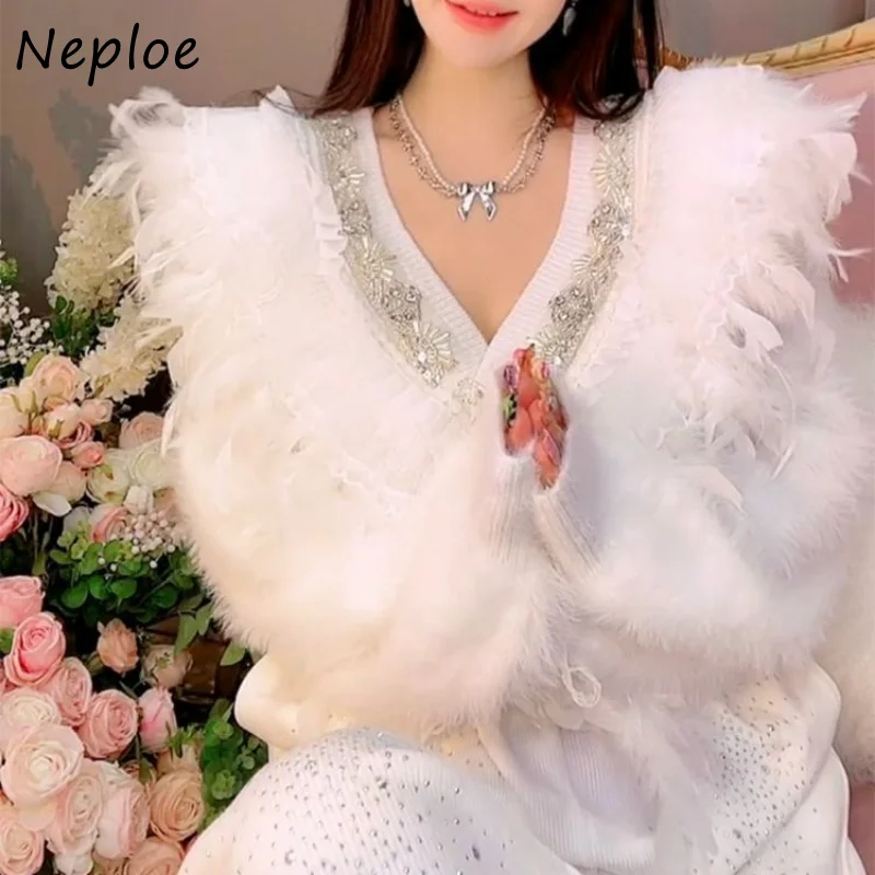 Neploe V Neck Beading Diamonds Feather Patchwork Outerwear Vintage Sweater Jacket Long Sleeve Bowknot Single-breasted Cardigans