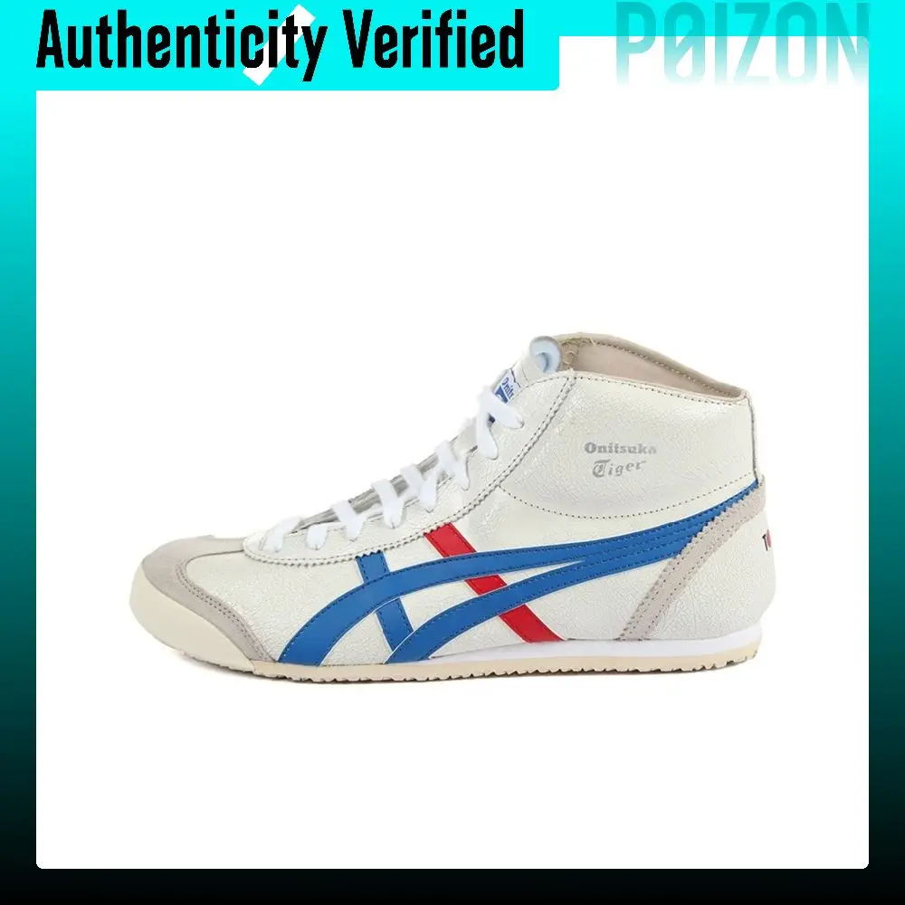 Onitsuka Tiger Mexico Mid Runner Leather Cushioning Slip Resistant Mid top Casual Shoes Unisex White Blue DL409-0142