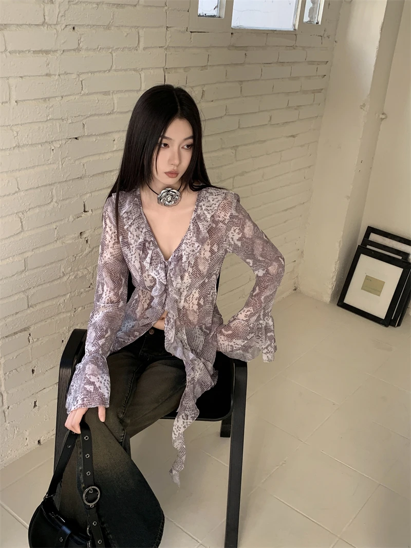 CHEERART Snake Print Chiffon Ruffles Blouse Women V Neck Flare Long Sleeve Top And Blouse Designer Fall Fashion Clothing