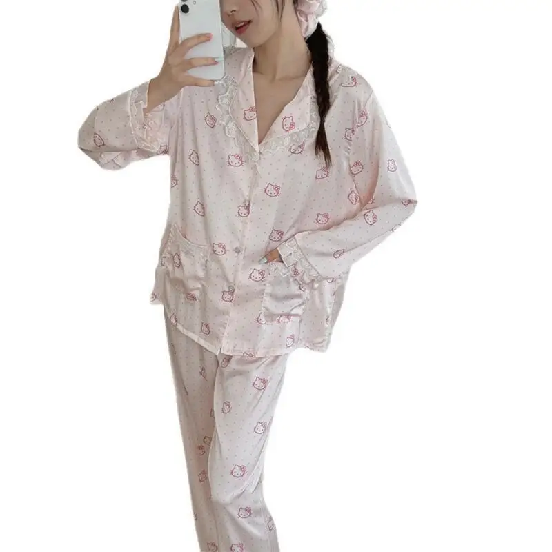 2 قطعة جديد الخريف كيتي القط منامة مجموعة الدانتيل منقطة الجليد بيجامة من الحرير طويلة الأكمام بنطلون طالب المنزل الملابس مجموعة