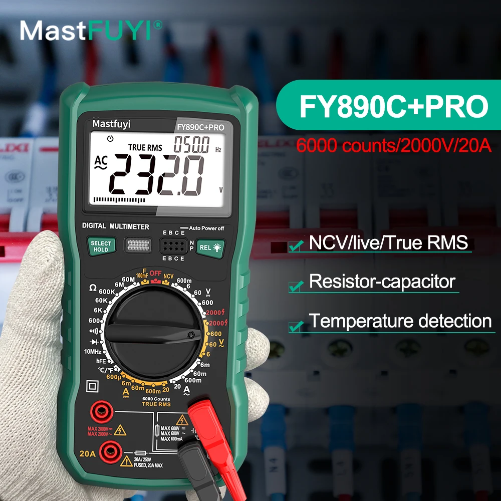 

MASTFUYI Digital Multimeter Electrician Repair Special 2000V 20A with Fuse Temperature Measurement 6000 Count with True RMS