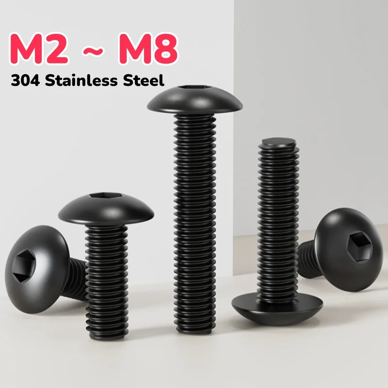 Black 304 Stainless Steel M2 ~ M8 Large Round Mushroom Head Hexagon Hex Socket Screw Bolt