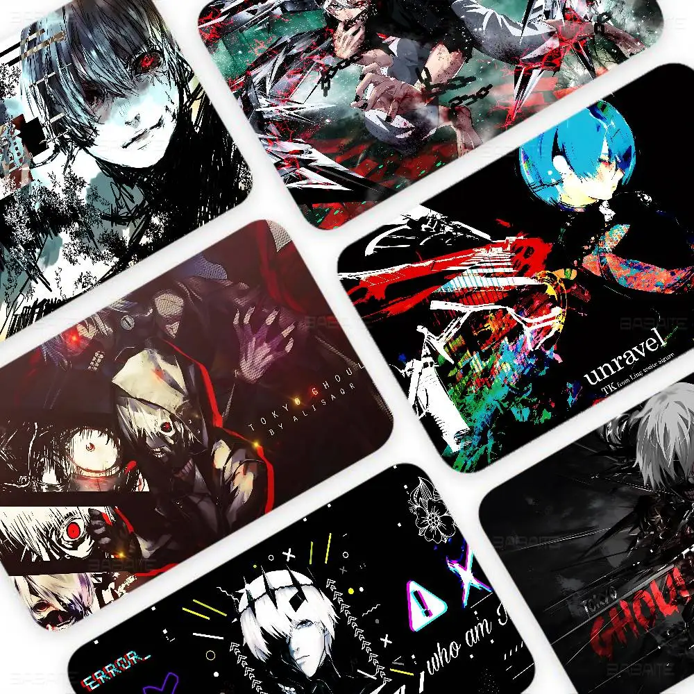 Pegatina de película mate para tarjetas de crédito y débito, con diseño de anime de Tokyo Ghoul, en colores dorado mate, plateado y negro.