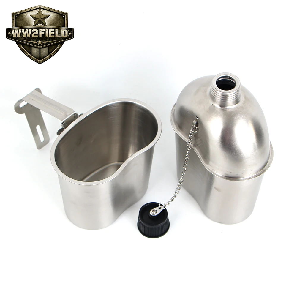 WW2 US Stainless Steel Canteen 1L Outdoor Camping Canteen with Mess Kit Stainless Steel Military Water Kettle A66