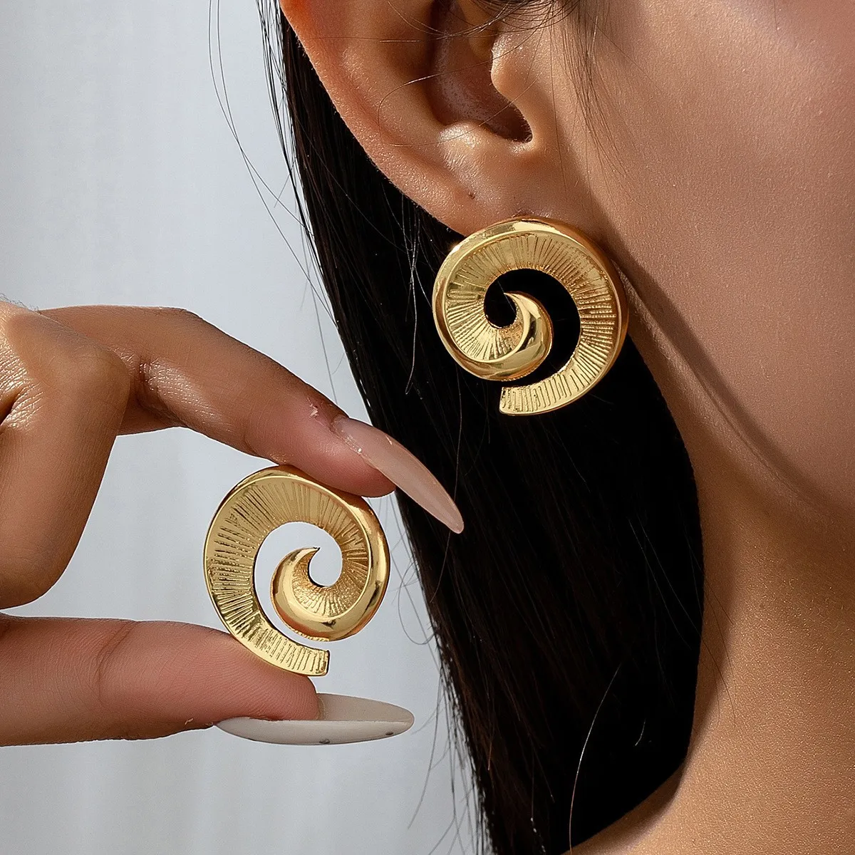 316 Stainless Steel Radial Line Spiral Vortex Half Circle Stud Earrings Gold Silver Art Texture Geometric Unique Daily Jewelry