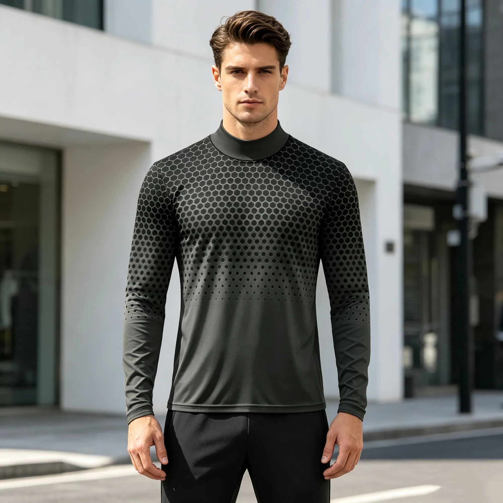Men Bodybuilding Top Half‑Collar Long Sleeve Gradient Geometric Mesh Print Breathable Workout Shirt