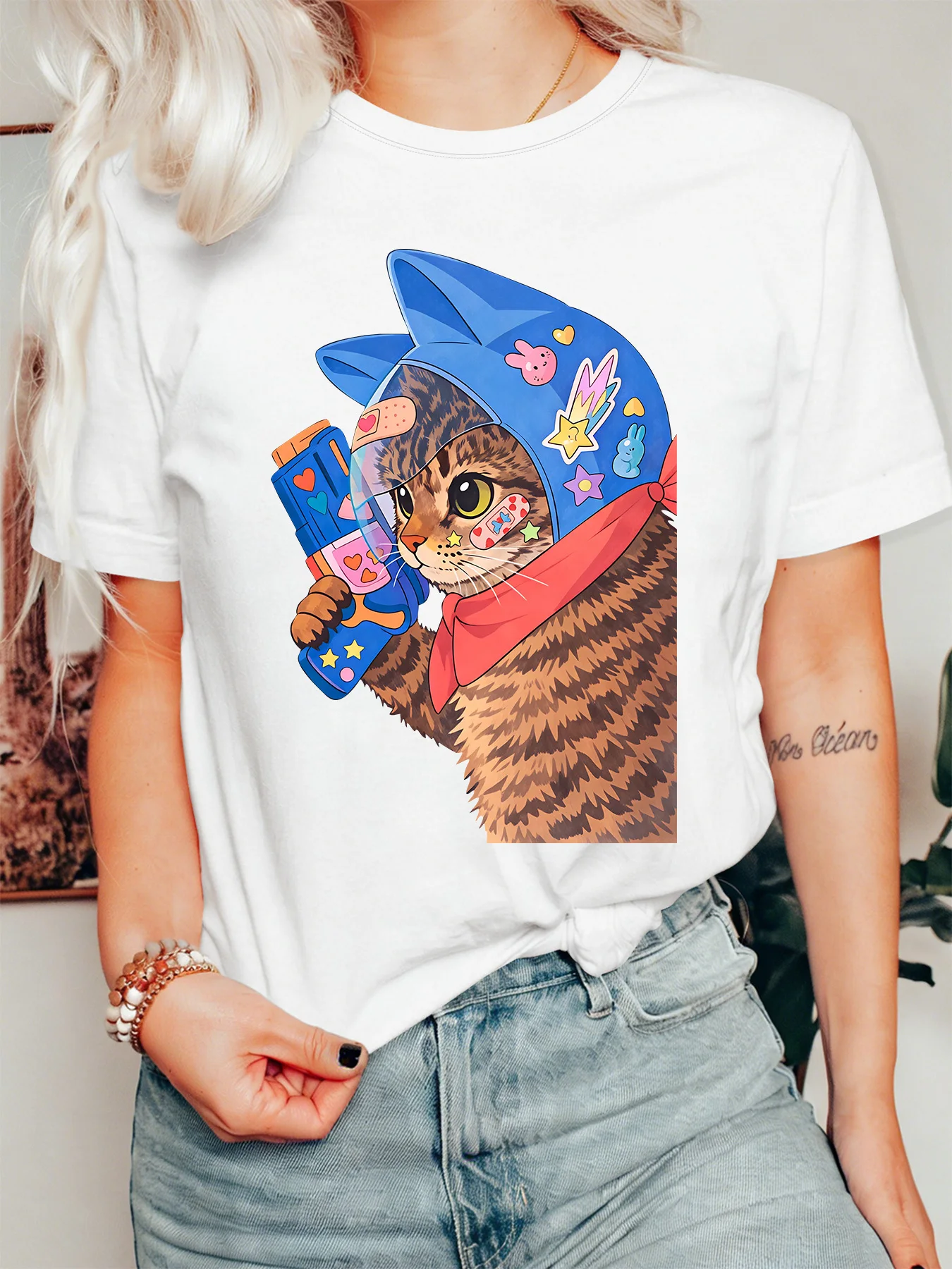 Cute Cartoon Cat Water Gun Womens Crew Neck Short Sleeve T Shirt Helmet Sticker Playful Animal Casual Graphic Tees For Ladies