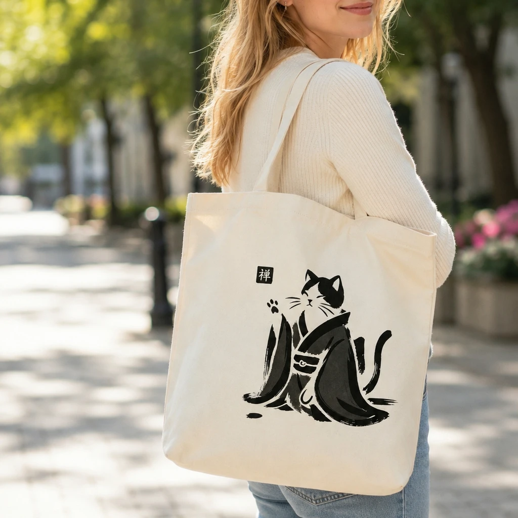Minimalist Oriental Ink Painting Cat Tote Bag Zen Character Design Beige Canvas Shoulder Purse Casual Shopping Bag for Ladies